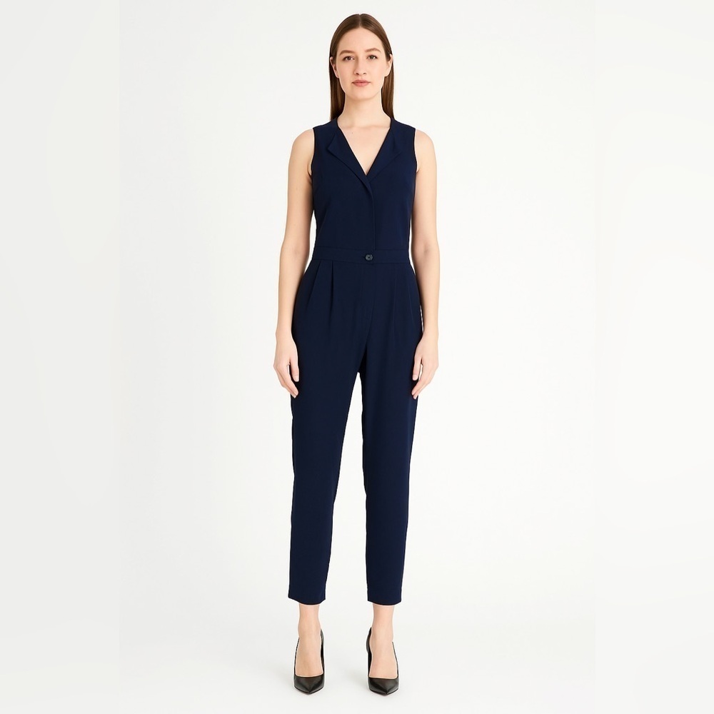 J.Crew Navy Blue Trench Jumpsuit One Piece Pants Crop Silky Sz 2 Pockets Career